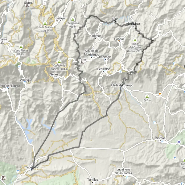 Miniatura della mappa di ispirazione al ciclismo "Avventura nel Deserto Andaluso" nella regione di Andalucía, Spain. Generata da Tarmacs.app, pianificatore di rotte ciclistiche