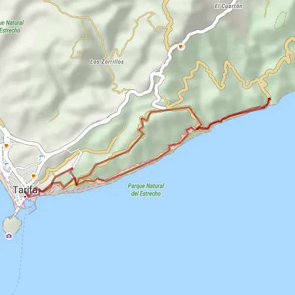 Miniatuurkaart van de fietsinspiratie "Gravelroute vanaf Tarifa naar Castillo de Guzmán El Bueno" in Andalucía, Spain. Gemaakt door de Tarmacs.app fietsrouteplanner