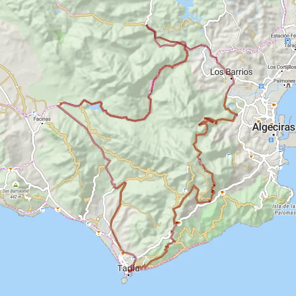 Map miniature of "Gravel Adventure through Coastal Beauty" cycling inspiration in Andalucía, Spain. Generated by Tarmacs.app cycling route planner