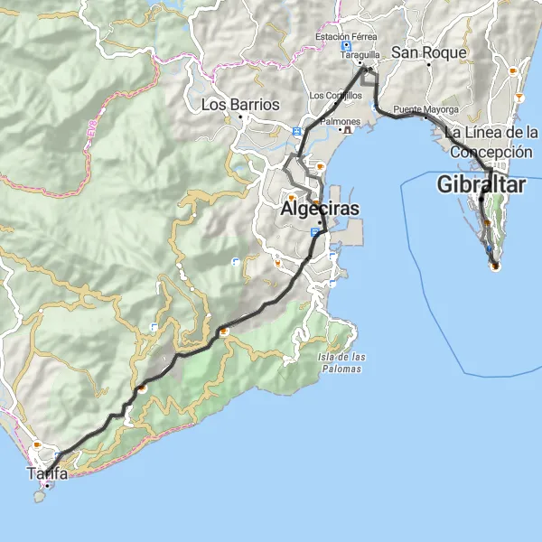Miniature de la carte de l'inspiration cycliste "Route des Miradors de Tarifa" dans la Andalucía, Spain. Générée par le planificateur d'itinéraire cycliste Tarmacs.app