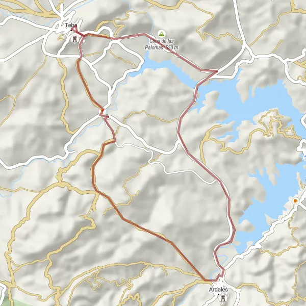 Miniatuurkaart van de fietsinspiratie "Gravelroute van Teba naar Ardales en terug" in Andalucía, Spain. Gemaakt door de Tarmacs.app fietsrouteplanner