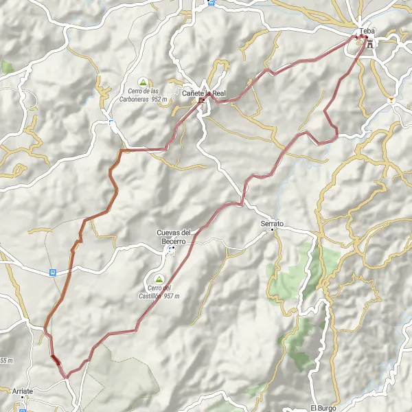 Miniatua del mapa de inspiración ciclista "Ruta de Grava de Teba" en Andalucía, Spain. Generado por Tarmacs.app planificador de rutas ciclistas