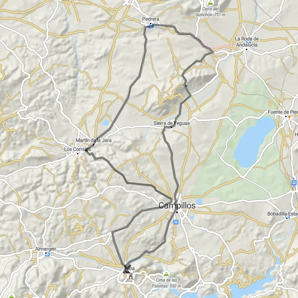 Miniatua del mapa de inspiración ciclista "Ruta de Carretera entre Teba y Sierra de Yeguas" en Andalucía, Spain. Generado por Tarmacs.app planificador de rutas ciclistas