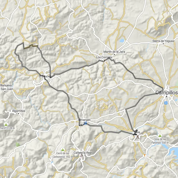 Miniatuurkaart van de fietsinspiratie "Wegenroute van Teba naar Campillos en terug" in Andalucía, Spain. Gemaakt door de Tarmacs.app fietsrouteplanner