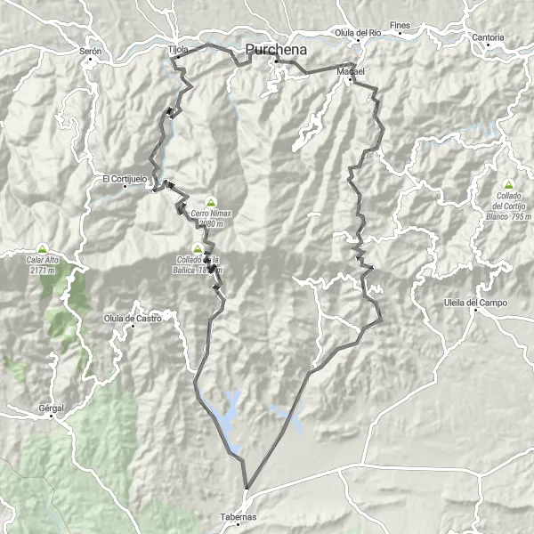 Miniatura della mappa di ispirazione al ciclismo "Scoperta dell'Alto de Yeseras" nella regione di Andalucía, Spain. Generata da Tarmacs.app, pianificatore di rotte ciclistiche