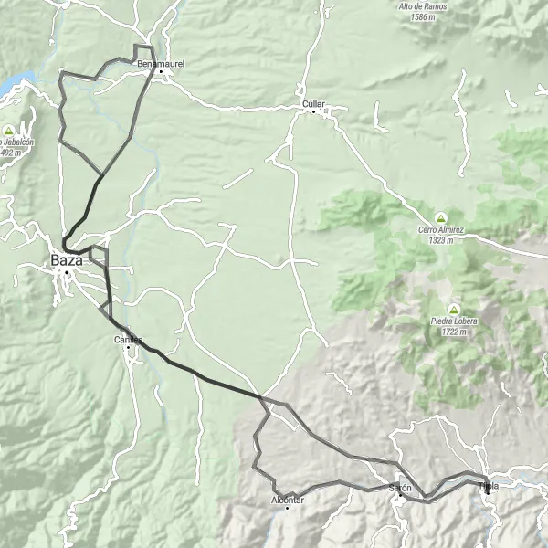Miniature de la carte de l'inspiration cycliste "Circuit de 127 km au départ de Tíjola" dans la Andalucía, Spain. Générée par le planificateur d'itinéraire cycliste Tarmacs.app