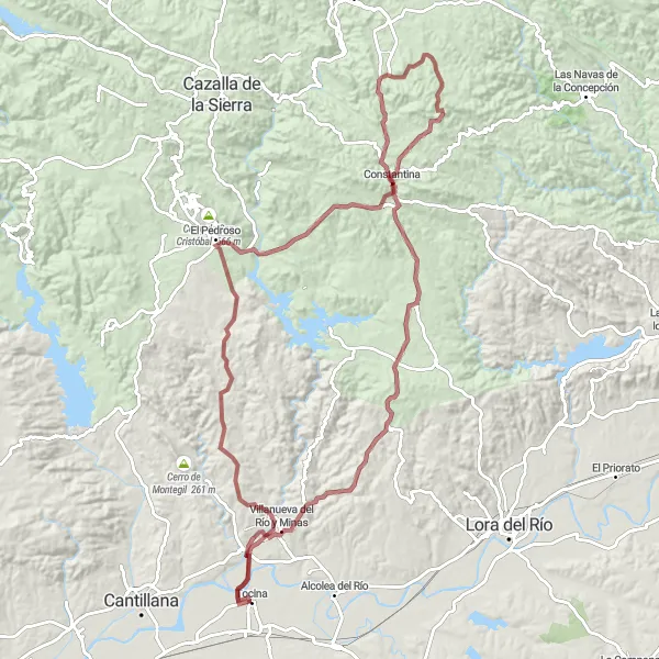 Miniatura della mappa di ispirazione al ciclismo "Gravel di El Pedroso" nella regione di Andalucía, Spain. Generata da Tarmacs.app, pianificatore di rotte ciclistiche