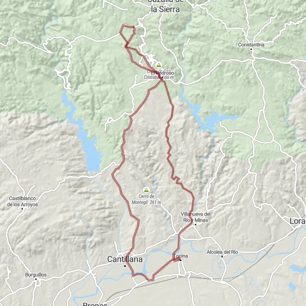 Miniaturní mapa "Gravelová trasa Cantillana - El Pedroso - Resto varios - Villanueva del Río y Minas" inspirace pro cyklisty v oblasti Andalucía, Spain. Vytvořeno pomocí plánovače tras Tarmacs.app