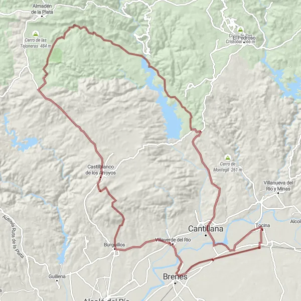 Miniatura della mappa di ispirazione al ciclismo "Challenging Gravel Loop near Tocina" nella regione di Andalucía, Spain. Generata da Tarmacs.app, pianificatore di rotte ciclistiche