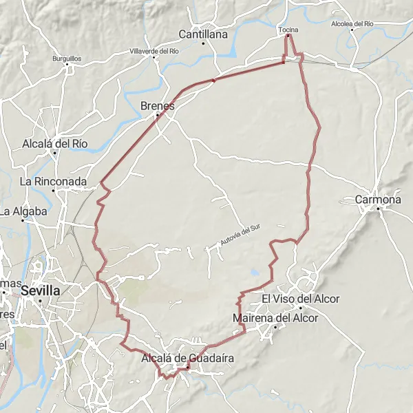 Miniaturní mapa "Gravelová cesta Tocina-Alcalá de Guadaíra-Mirador de Santiago-Este-Alcosa-Torreblanca-Brenes" inspirace pro cyklisty v oblasti Andalucía, Spain. Vytvořeno pomocí plánovače tras Tarmacs.app