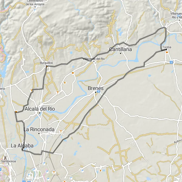 Miniaturní mapa "Silniční trasa La Algaba - Burguillos - Villaverde del Río - El Carbonal" inspirace pro cyklisty v oblasti Andalucía, Spain. Vytvořeno pomocí plánovače tras Tarmacs.app