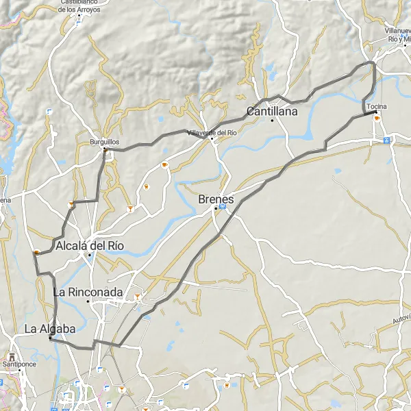 Miniature de la carte de l'inspiration cycliste "Parcours cyclable pittoresque: La Algaba-Burguillos-Villaverde del Río-El Carbonal" dans la Andalucía, Spain. Générée par le planificateur d'itinéraire cycliste Tarmacs.app