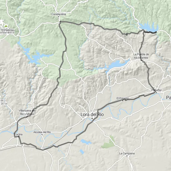 Miniature de la carte de l'inspiration cycliste "Les montagnes de Tocina" dans la Andalucía, Spain. Générée par le planificateur d'itinéraire cycliste Tarmacs.app