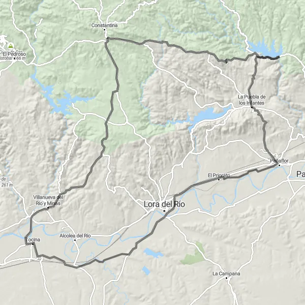 Miniaturní mapa "Okružní cesta Tocina-Villanueva del Río y Minas-Constantina-La Puebla de los Infantes-Peñaflor-El Priorato" inspirace pro cyklisty v oblasti Andalucía, Spain. Vytvořeno pomocí plánovače tras Tarmacs.app