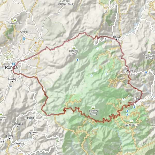 Miniatura della mappa di ispirazione al ciclismo "Giro in mountain bike attraverso le montagne vicino a Tolox" nella regione di Andalucía, Spain. Generata da Tarmacs.app, pianificatore di rotte ciclistiche