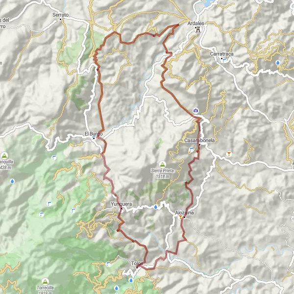 Miniatura della mappa di ispirazione al ciclismo "Ciclismo in Gravel attraverso le Montagne di Tolox" nella regione di Andalucía, Spain. Generata da Tarmacs.app, pianificatore di rotte ciclistiche