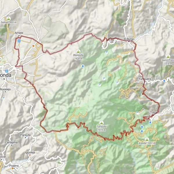 Miniatua del mapa de inspiración ciclista "Emocionante ruta de grava pasando por El Castillejo y El Burgo" en Andalucía, Spain. Generado por Tarmacs.app planificador de rutas ciclistas