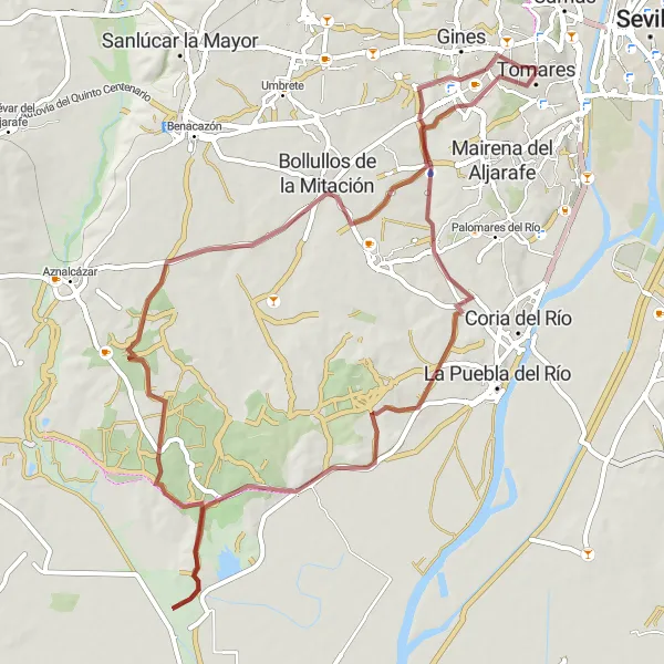 Map miniature of "Exploring Nature: Tomares to Bormujos" cycling inspiration in Andalucía, Spain. Generated by Tarmacs.app cycling route planner