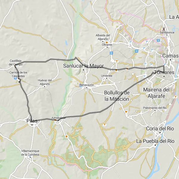 Miniatura della mappa di ispirazione al ciclismo "Road tra Tomares e Mirador del Carambolo" nella regione di Andalucía, Spain. Generata da Tarmacs.app, pianificatore di rotte ciclistiche