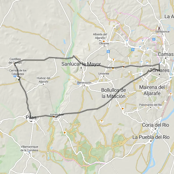 Map miniature of "Tomares to Mirador del Carambolo" cycling inspiration in Andalucía, Spain. Generated by Tarmacs.app cycling route planner