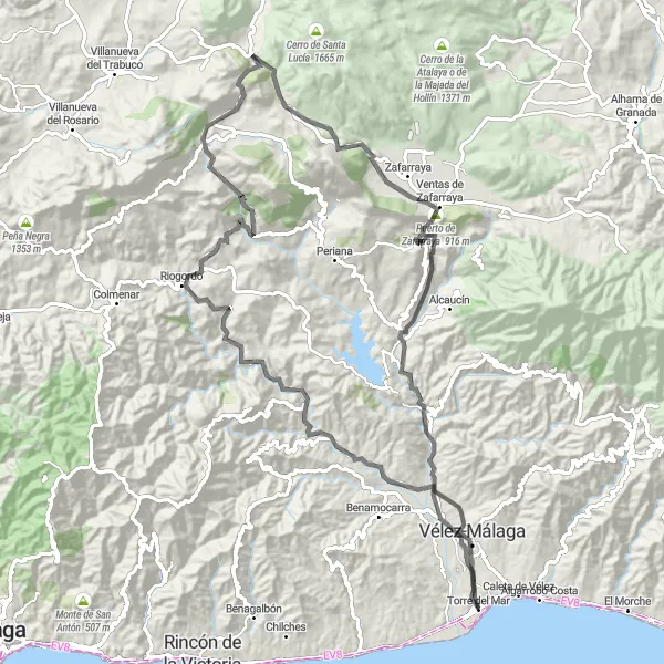 Miniatura della mappa di ispirazione al ciclismo "Sfida in bicicletta fino a Puerto de Zafarraya" nella regione di Andalucía, Spain. Generata da Tarmacs.app, pianificatore di rotte ciclistiche