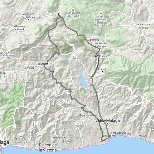 Miniatura della mappa di ispirazione al ciclismo "Circuito panoramico attraverso l'entroterra andaluso" nella regione di Andalucía, Spain. Generata da Tarmacs.app, pianificatore di rotte ciclistiche