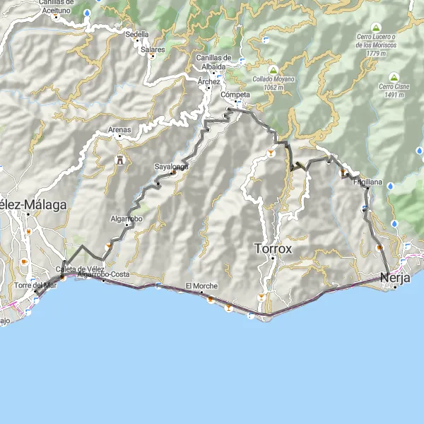 Miniatura della mappa di ispirazione al ciclismo "Giro in bicicletta fino a Sayalonga" nella regione di Andalucía, Spain. Generata da Tarmacs.app, pianificatore di rotte ciclistiche