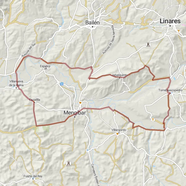 Miniatura della mappa di ispirazione al ciclismo "Esplorando la campagna andalusa in Gravel" nella regione di Andalucía, Spain. Generata da Tarmacs.app, pianificatore di rotte ciclistiche