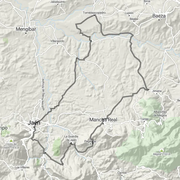 Miniatua del mapa de inspiración ciclista "Ruta de Jaén a Campillo del Río" en Andalucía, Spain. Generado por Tarmacs.app planificador de rutas ciclistas