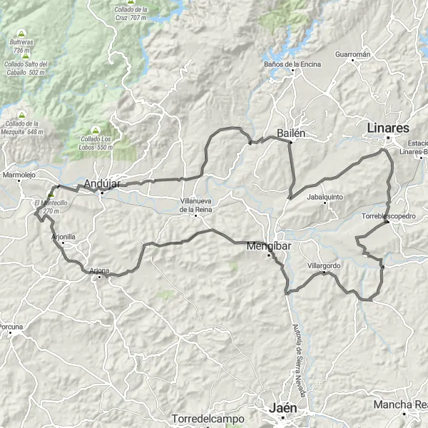 Miniaturní mapa "Andújar a Bailén Bike Ride" inspirace pro cyklisty v oblasti Andalucía, Spain. Vytvořeno pomocí plánovače tras Tarmacs.app