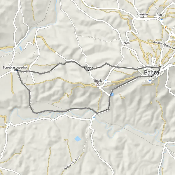Miniaturní mapa "Jízda kolem Puente del Obispo" inspirace pro cyklisty v oblasti Andalucía, Spain. Vytvořeno pomocí plánovače tras Tarmacs.app