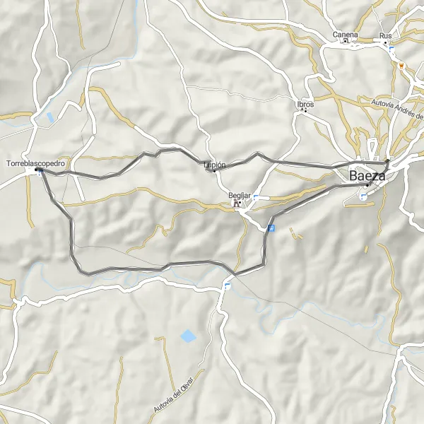 Map miniature of "Cultural Journey to Baeza and Puente del Obispo" cycling inspiration in Andalucía, Spain. Generated by Tarmacs.app cycling route planner