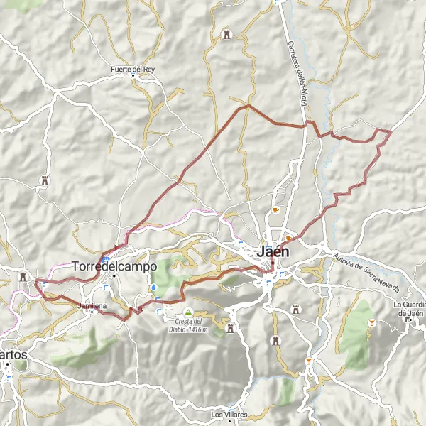 Miniaturekort af cykelinspirationen "Scenic gravel tur til Puente Tablas og Jamilena" i Andalucía, Spain. Genereret af Tarmacs.app cykelruteplanlægger