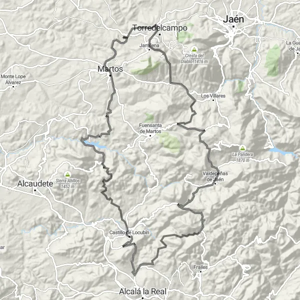 Miniatura mapy "Trasa przez Jamilena i Valdepeñas de Jaén" - trasy rowerowej w Andalucía, Spain. Wygenerowane przez planer tras rowerowych Tarmacs.app