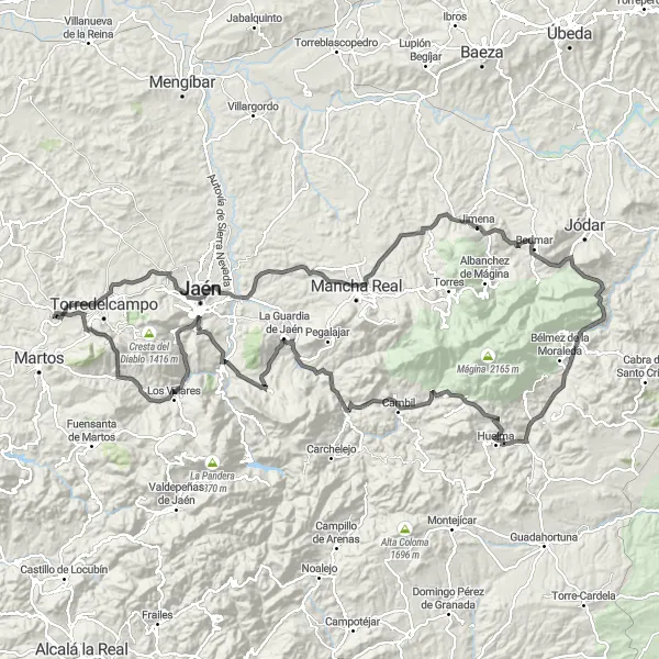 Miniature de la carte de l'inspiration cycliste "Les collines d'Andalousie" dans la Andalucía, Spain. Générée par le planificateur d'itinéraire cycliste Tarmacs.app