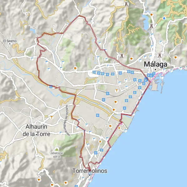 Miniatura della mappa di ispirazione al ciclismo "Esplorazione in bicicletta di Churriana e Torre Atalaya" nella regione di Andalucía, Spain. Generata da Tarmacs.app, pianificatore di rotte ciclistiche