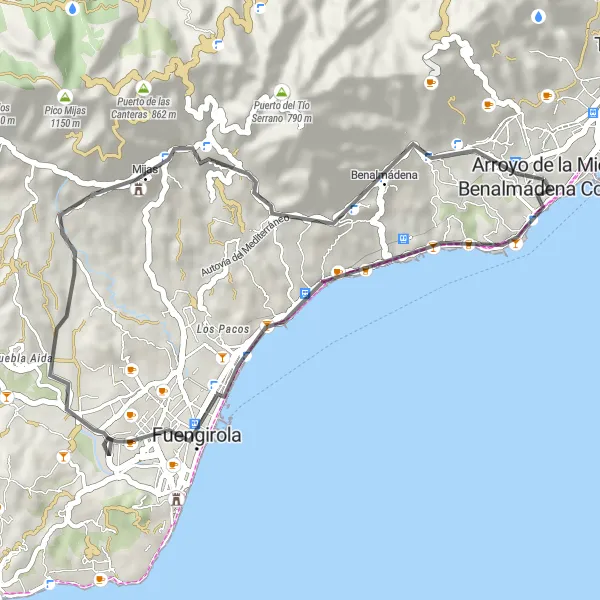 Miniature de la carte de l'inspiration cycliste "Boucle des Villages Côtiers" dans la Andalucía, Spain. Générée par le planificateur d'itinéraire cycliste Tarmacs.app