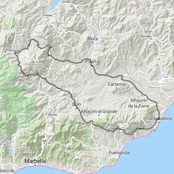 Miniatura della mappa di ispirazione al ciclismo "Tour ciclistico epico da Torremolinos a Yunquera" nella regione di Andalucía, Spain. Generata da Tarmacs.app, pianificatore di rotte ciclistiche