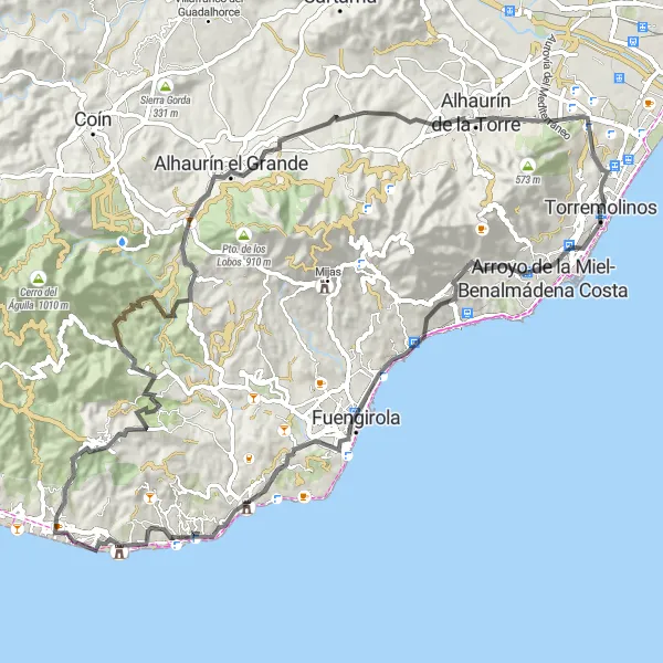 Miniatura della mappa di ispirazione al ciclismo "Avventura in bicicletta da Torremolinos a La Cala de Mijas" nella regione di Andalucía, Spain. Generata da Tarmacs.app, pianificatore di rotte ciclistiche
