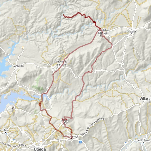 Miniatura della mappa di ispirazione al ciclismo "Giro in bicicletta attraverso la natura di Torreperogil" nella regione di Andalucía, Spain. Generata da Tarmacs.app, pianificatore di rotte ciclistiche