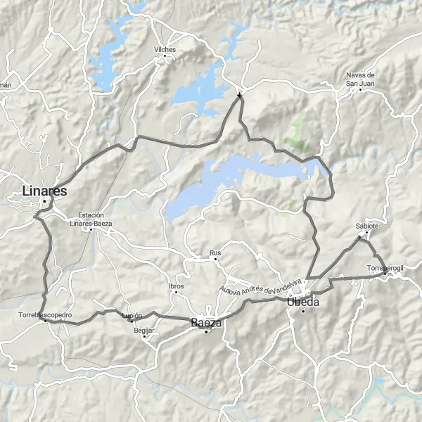Miniaturní mapa "Významná cyklistická trasa kolem Torreperogil" inspirace pro cyklisty v oblasti Andalucía, Spain. Vytvořeno pomocí plánovače tras Tarmacs.app