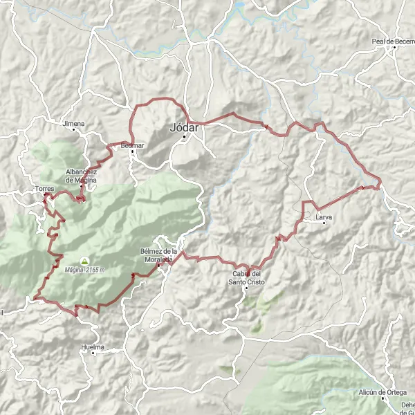 Miniatura della mappa di ispirazione al ciclismo "Avventura in bicicletta in territorio selvaggio da Torres a Bélmez de la Moraleda" nella regione di Andalucía, Spain. Generata da Tarmacs.app, pianificatore di rotte ciclistiche