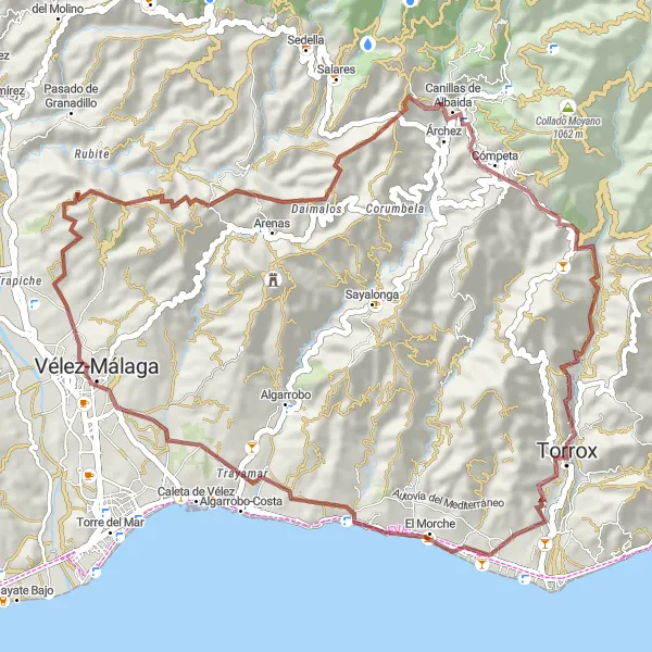Miniature de la carte de l'inspiration cycliste "Balade en Vélo de Gravel de Torrox à El Morche" dans la Andalucía, Spain. Générée par le planificateur d'itinéraire cycliste Tarmacs.app