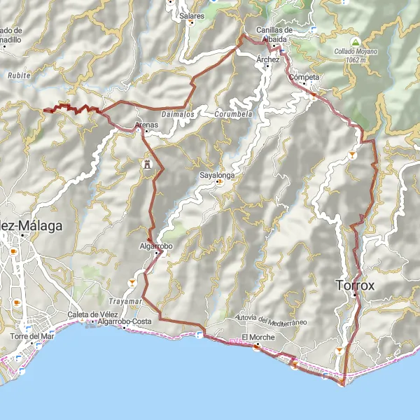 Karten-Miniaturansicht der Radinspiration "Gravel-Route entlang der Küste von Torrox nach Canillas de Albaida" in Andalucía, Spain. Erstellt vom Tarmacs.app-Routenplaner für Radtouren