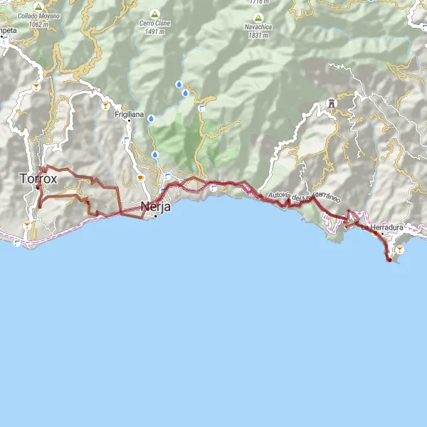 Miniature de la carte de l'inspiration cycliste "Sentiers gravel de Torrox à la Punta de la Mona" dans la Andalucía, Spain. Générée par le planificateur d'itinéraire cycliste Tarmacs.app