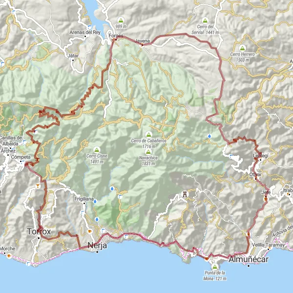 Miniature de la carte de l'inspiration cycliste "Circuit à vélo de Gravel à partir de Torrox" dans la Andalucía, Spain. Générée par le planificateur d'itinéraire cycliste Tarmacs.app