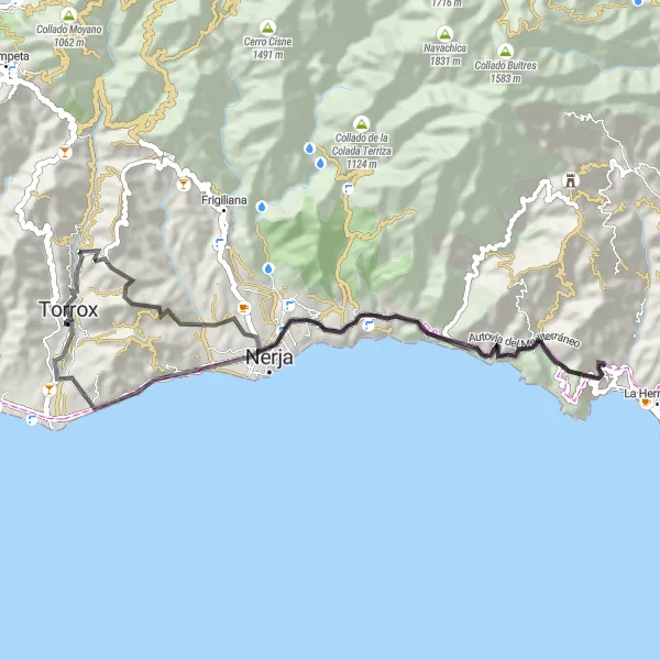 Miniature de la carte de l'inspiration cycliste "Exploration de la côte entre Torrox et Maro" dans la Andalucía, Spain. Générée par le planificateur d'itinéraire cycliste Tarmacs.app