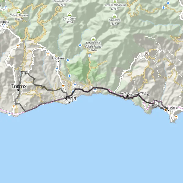 Karten-Miniaturansicht der Radinspiration "Küstenstraße von Torrox nach Nerja" in Andalucía, Spain. Erstellt vom Tarmacs.app-Routenplaner für Radtouren