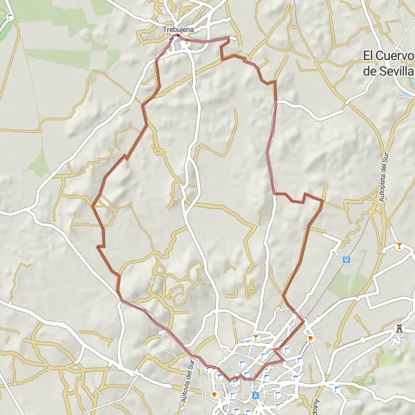 Miniatura della mappa di ispirazione al ciclismo "Esplorazione in Gravel a Jerez" nella regione di Andalucía, Spain. Generata da Tarmacs.app, pianificatore di rotte ciclistiche