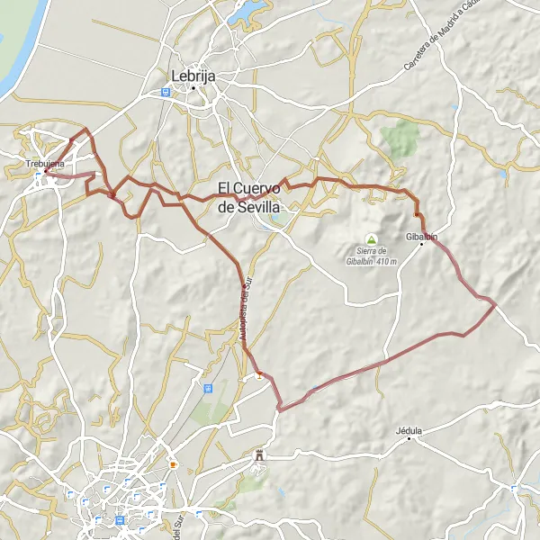 Miniatura della mappa di ispirazione al ciclismo "Esplorazione di Gibalbín e Nueva Jarilla" nella regione di Andalucía, Spain. Generata da Tarmacs.app, pianificatore di rotte ciclistiche